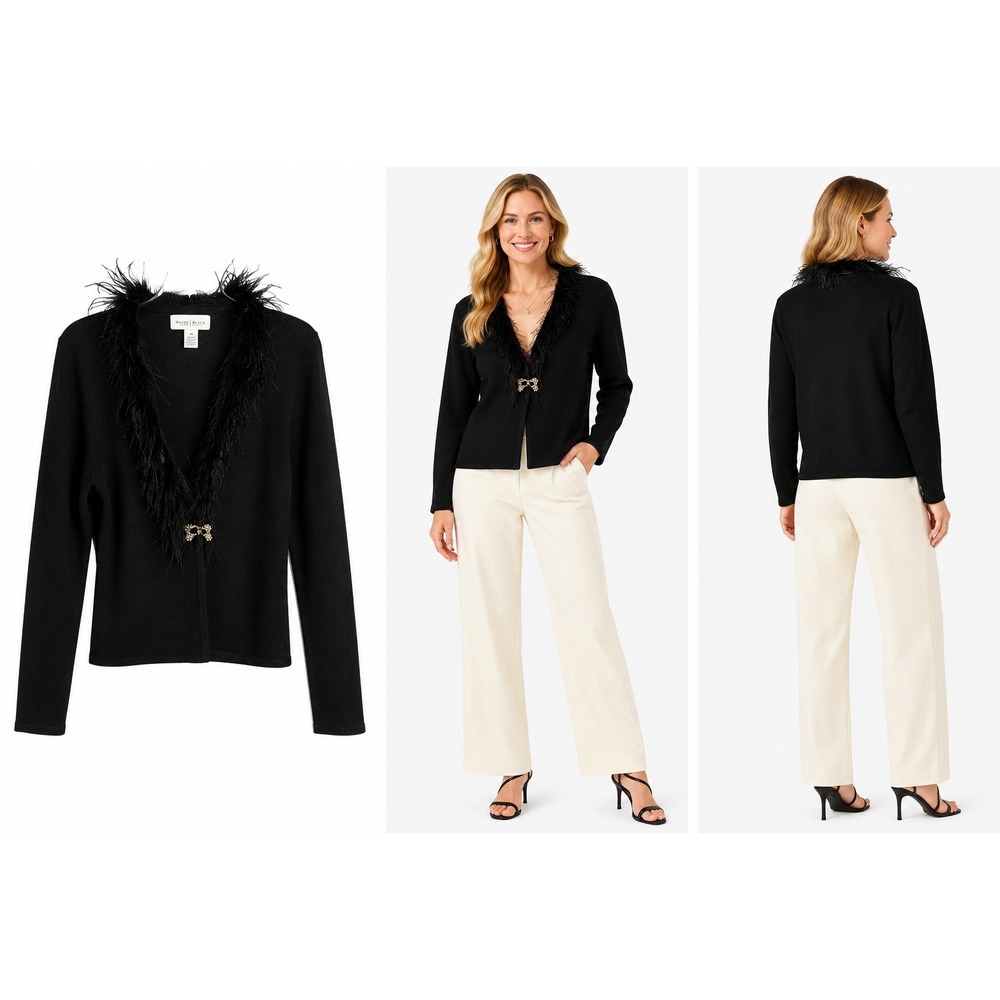 WHBM Cardigan M‎ Feather Trim Jeweled Glam Sweater Glamcore Holiday Party Chic